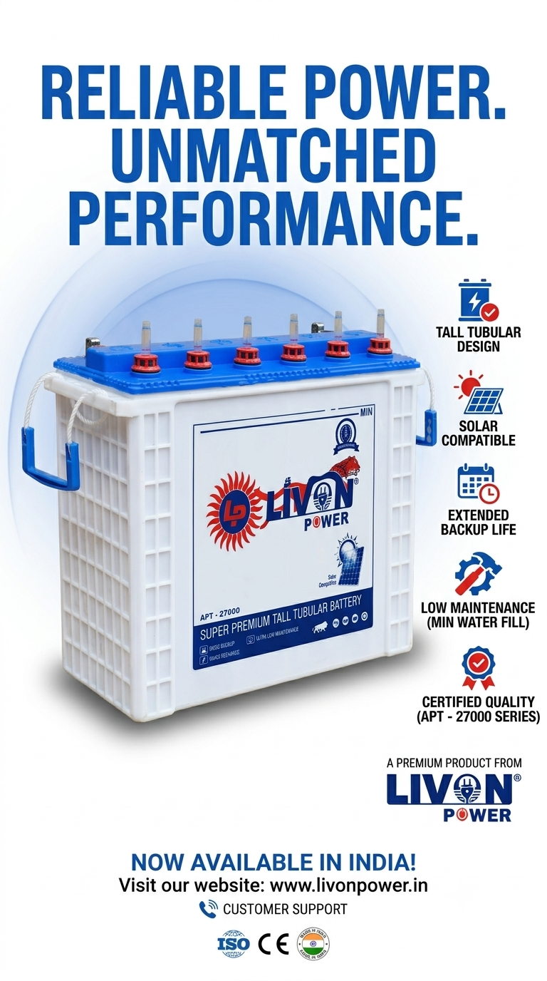 Livon Power 270Ah Tall Tubular Battery Long Backup Inverter Battery 72 month Warranty side - Image 2